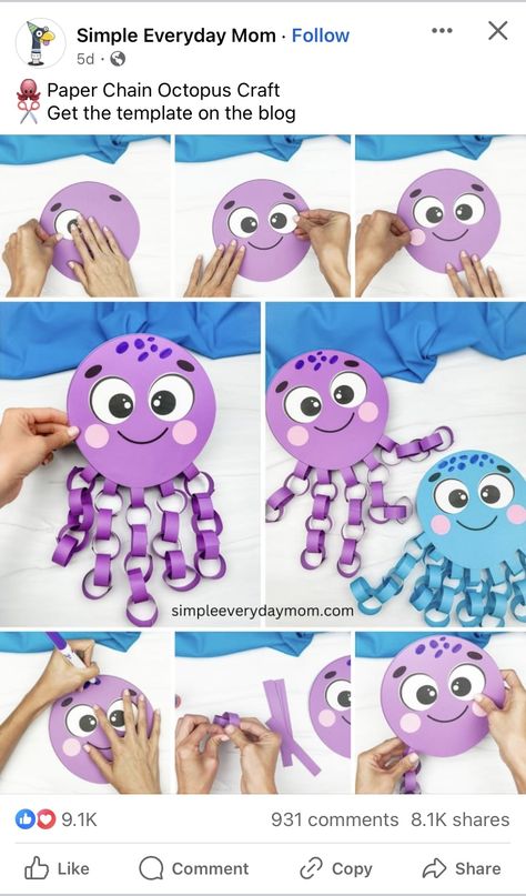 Fun Diy Kids Crafts, 1st Grade Crafts, Easy Paper Crafts For Kids, Octopus Crafts, Babysitting Crafts, School Kids Crafts, Paper Chain, Vbs Crafts, Paper Chains