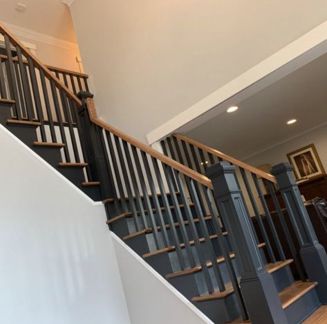 Black And Oak Staircase Stair Railing, Black Wooden Spindles Staircase, Black And Brown Stairs, Oak And Black Staircase, Black And Wood Staircase, Modern Wood Stairs, Stairs Stained, Painted Stair Railings, Victorian Entry