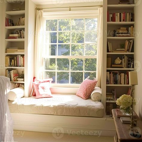 Window seat, interior design and comfort at home, reading nook with bookshelves and cushions, home decor in a country house, English cottage style, generative ai Window Seat Bay Window, Home Reading Nook, Window Seat With Bookshelves, Reading Nook Window Seat, Reading Nook Window, Window Bench Seat, Home Reading, Window Cushion, Window Nook