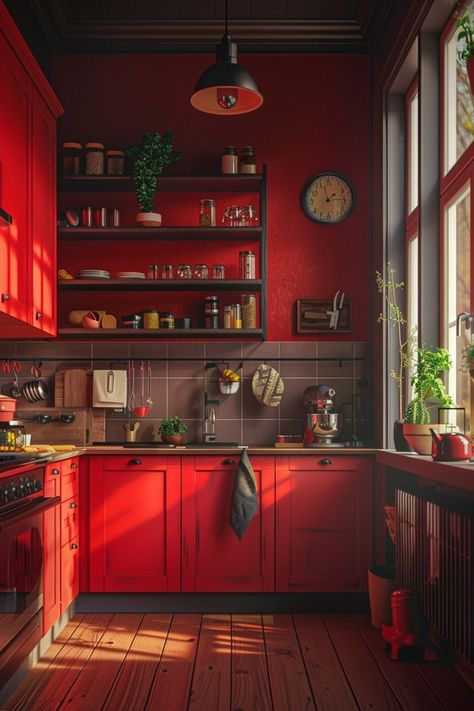 56 Stunning Red Kitchen Ideas for Every Style - DecorWithEva Red Kitchen Walls Paint, Red Boho Kitchen, Red Kitchen Ideas, Home Haunted House, Red Kitchens, Red Kitchen Walls, Red Cafe, Monochrome Kitchen, Haunted House Decor