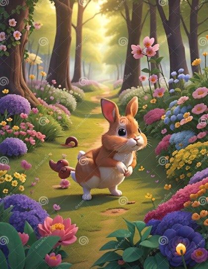 Illustration of rabbit which is playing and frolicking in the colorful fairytale forest full of flowers and leaves. More pictures on https://www.dreamstime.com/cartoon-characters-colldet68164 Forest Cartoon Background Animation, Rabbit In Forest, Forest Cartoon, Fairytale Forest, Talking Animals, Cartoon Background, Dragon Artwork, Plant Flower, Magical Forest