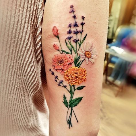 Vintage Flower Bouquet Tattoo, Flower Bouquet Tattoo Inner Arm, Wild Flower Garden Tattoo, Vintage Bouquet Tattoo, Large Bouquet Tattoo, Colored Bouquet Tattoo, Realistic Flower Bouquet Tattoo, Colorful Bouquet Tattoo, Floral Garden Tattoo