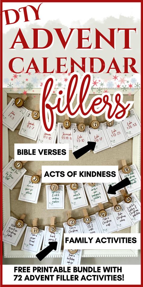 If you're looking for an easy Advent Calendar idea, here it is! This is a 22 page bundle with 4 different calendars, number cards plus 72 advent calendar fillers with different activities, including Christmas Bible Verse readings, Acts of Kindness and Family Activities! Make your own DIY Advent calendar by using these number cards or just the fillers! Advent Calendar Tree Diy, Christmas Service Advent Calendar, Advent Calendar Ideas Not Candy, Items To Fill Advent Calendar, Santa Cotton Ball Advent Calendar, Advent Kindness Calendar For Kids, Christmas Advent Filler Ideas, Ideas To Put In An Advent Calendar, Making Your Own Advent Calendar