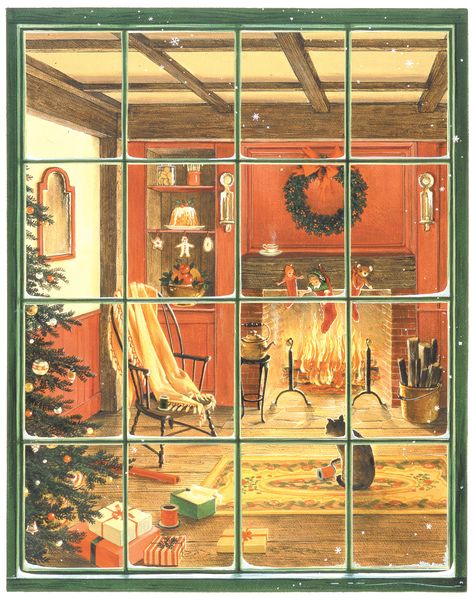 Christmas Room Illustration, Fireplace Illustration, Vintage Landscapes, Green Window, Black And White Images, Vintage Christmas Images, Cute Christmas Wallpaper, Christmas Interiors, White Images