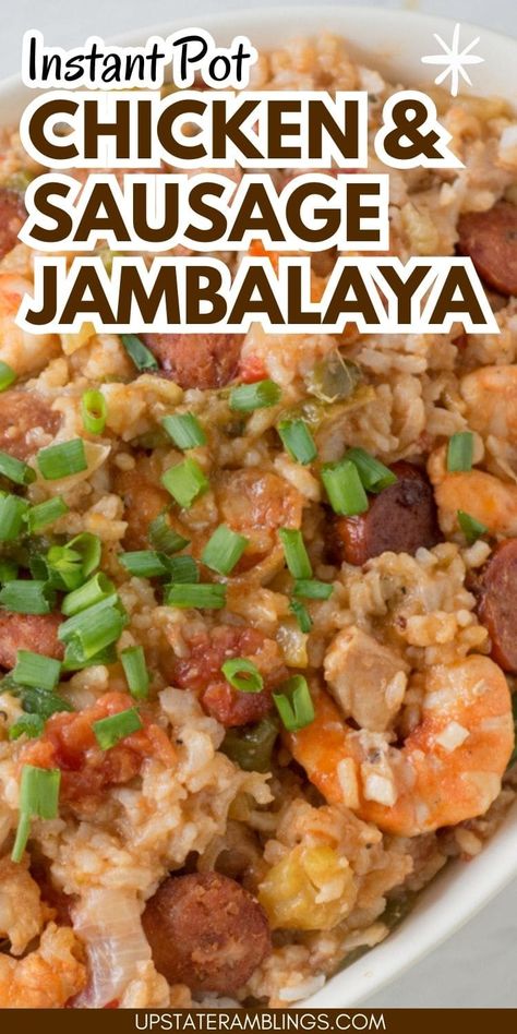 This Instant Pot Jambalaya recipe is a Cajun inspired one dish recipe with shrimp, andouille sausage, chicken and rice that will make a spicy dinner. Using a pressure cooker makes it a quick and easy weeknight dinner! Chicken Jambalaya Recipe, Jambalaya Recipe Instant Pot, Instant Pot Jambalaya, Recipe With Shrimp, Andouille Sausage Recipes, Spicy Dinner, Chicken Jambalaya, Chicken And Sausage Jambalaya, Sausage Jambalaya