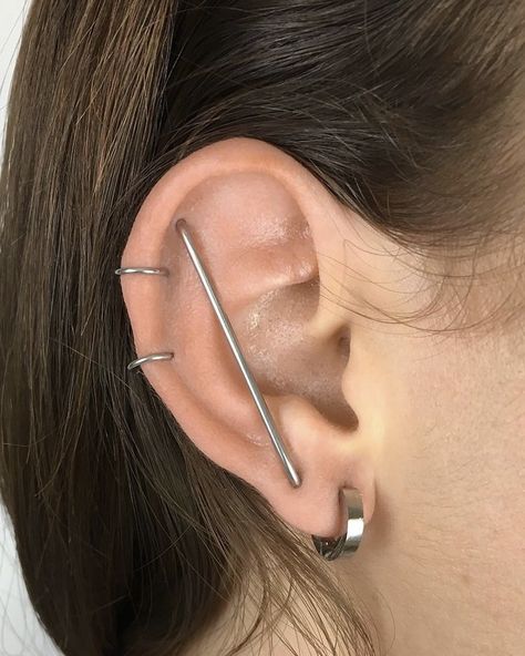 Vertical Industrial Piercing, Vertical Industrial, Crazy Piercings, Constellation Piercings, Cool Ear Piercings, Pretty Ear Piercings, Face Piercings, Cool Piercings, Industrial Piercing