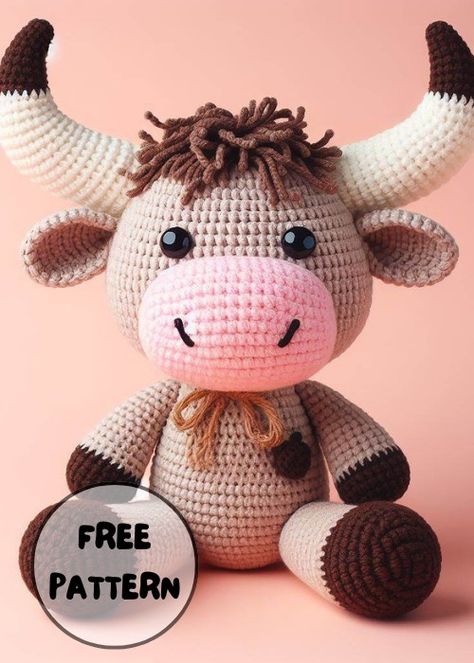 Free Crochet Funny Bull Amigurumi Pattern 1 Free Highland Cow Crochet Pattern, Yak Crochet Pattern, Crochet Highland Cow Free Pattern, Longhorn Crochet Pattern Free, Crochet Farm Animals Amigurumi, Crochet Bull Pattern, Crochet Bull Amigurumi Free Pattern, Free Crochet Bull Pattern, Crochet Cute Animals