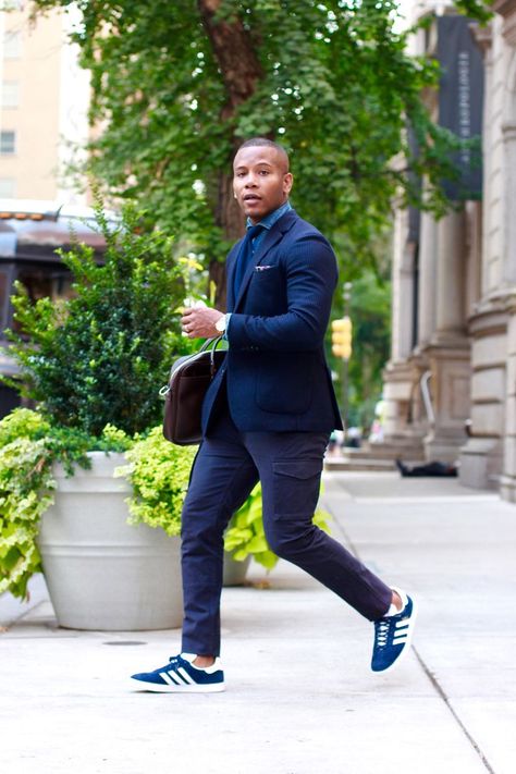 Sneakers With A Suit: The New Norm of Men’s Business Style – MANNER Adidas Gazelle Outfit Men, Blue Sneakers Outfit, Gazelle Outfit, Business Sneakers, Adidas Gazelle Outfit, Looks Adidas, Suits And Sneakers, Sneakers Outfit Men, Blue Sneakers