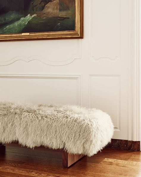 WORTH THE HYPE (Your words, not ours.) Tap to shop our best-selling, top-rated pieces. Boho Benches For Bedroom, Dining Chairs With Sheepskin Throw, Bench For Bed, Sheepskin Bench, Sheepskin Stool, Modern Storage Bench, Burled Wood Coffee Table, White Marble Side Table, Gold Furniture