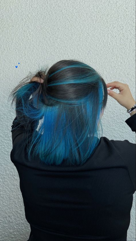 Bright Blue Highlights In Black Hair, Blue Hair Color For Short Hair, Black Blue Hair Color Short, Blue Hair Balayage Brown, Blue Highlights In Short Hair, Halo Under Hair Dye, Blue And Black Color Block Hair, Halo Blue Hair, Black And Blue Halo Hair