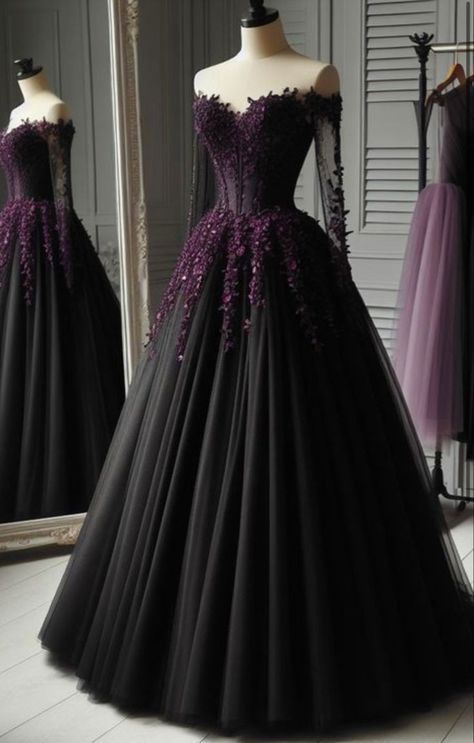 Black White And Purple Wedding Dress, Black And Purple Wedding Dress Gothic, Black Wedding Dresses Lace, Purple Gothic Dress, Wedding Dress Burgundy, Black Gothic Wedding Dresses, Goth Wedding Dress, Prom Desses, Black Bridal Gown