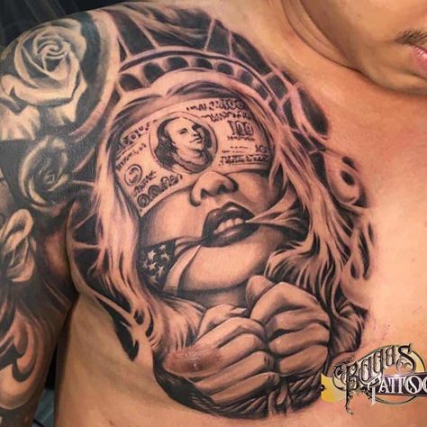 Chest To Half Sleeve Tattoo For Men, Chicana Chest Tattoo, Men’s Half Chest Tattoos, Left Side Chest Tattoo Men, Unique Chest Tattoo Men Ideas, Single Chest Tattoo, Dope Chest Tattoos For Men, Mens Half Chest Tattoos, Hood Chest Tattoo Men Ideas