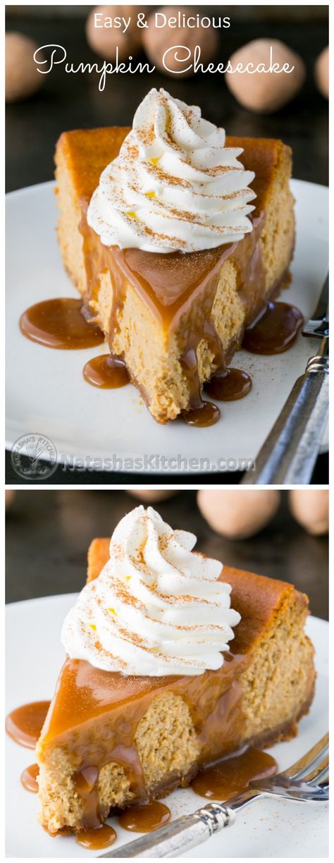 Pumpkin Pie cheesecake topped with caramel and rum-infused whipped cream recipe Caramel Homemade, Infused Rum, Cheesecake Pumpkin, Rum Cream, Pumpkin Cheesecake Recipes, Ombre Bob, Pumpkin Recipe, Dessert Easy, Recipe Dessert