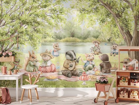 Wind In The Willows Nursery, Cute Animals Wallpaper, Wallpaper Woodland, Forest Animals Nursery, Children's Wallpaper, Children Wallpaper, Forest Animal Nursery, Kindergarten Wallpaper, Woodland Wall Art