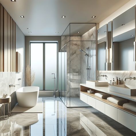 It should include elements like floating vanities with clean lines, sleek marble countertops, a glass-enclosed shower with chrome finishes, a freestanding bathtub under a large window, contemporary light fixtures, and large format tiles on the floor. The room should utilize a pleasing color palette featuring neutral tones such as whites, creams, and grays, complemented by natural accents. This design can serve as an inspiring idea for a bathroom remodeling project. Large Bathroom Ideas, Modern Master Bath, Bathroom Oasis, Large Bathrooms, Modern Bathroom Design, Luxury Bathroom, Miami Beach, Luxury Interior, Master Bath