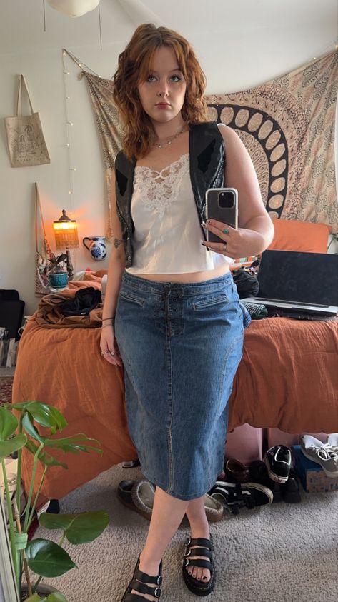 grandmas old leather biking vest with a vintage silky lingerie top, thrifted lace up denim skirt and the 3 strap buckle doc marten sandals! Vintage Doc Martens Sandals, Doc Martens Sandals Outfit Summer, Doc Martens Sandals Outfit, Doc Martens Sandals, Doc Marten Sandals, Vintage Doc Martens, Sandals Outfit Summer, Martens Sandals, Slight Edge