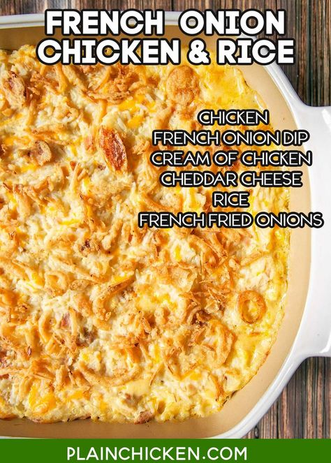 French Onion Chicken and Rice Bake recipe – cooked chicken, sour cream french onion dip, cream of chicken soup, shredded cheddar cheese, rice and french fried onions – use rotisserie chicken and it is ready for the oven in 5 minutes! On the table in 20 minutes! Super quick weeknight casserole! We made this twice in a week it was so good.🐔 French Onion Chicken And Hashbrown Casserole, Chicken Casserole With French Onion Dip, French Onion Dip Chicken Thighs, French Onion Chicken Hashbrown Casserole, French Onion Dip Chicken Casserole, Deans French Onion Dip Chicken, Lipton Onion Soup Mix Recipes Chicken Rice Casserole Recipes, French's Fried Onion Recipes, French Onion Chicken And Rice Casserole