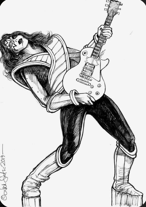 Ace Frehley Tattoo, Kiss Band Drawing, Kiss Band Fanart, Rockstar Drawing, Rock Tattoos, Outline Stencil, Kiss Group, Space Ace, Miniature School