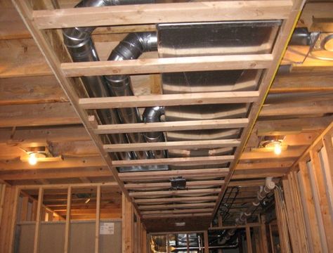 duct work covering Mancave Garage, Windows Movie Maker, Basement Inspiration, Man Cave Basement, Diy Basement, Man Cave Home Bar, Waterproofing Basement, Basement Stairs, Small Basements