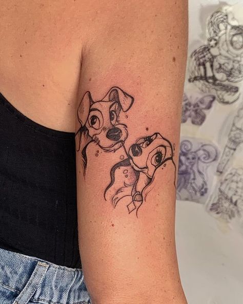 Lady And The Tramp Tattoo Ideas, Disney Tattoos Lady And The Tramp, Disney Animal Tattoo Ideas, Lady And The Tramp Tattoos, Lady And Tramp Tattoo, Disney Arm Tattoo, Rudolph Tattoo, Disney Up Tattoo, Disney Leg Tattoo