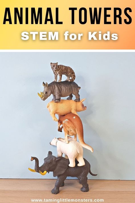 Building Animal Towers - STEM for Kids This is a fun engineering activity for young children. Perfect for a zoo or wild animal themed lesson plan. #STEM #preschool #kindergarten Stem Animal Habitats, Jungle Theme Stem Activities, Animal Science Experiments, Construction Activities Preschool, Zoo Animal Activities, Stem Preschool, Witch Wardrobe, Stem Activities Kindergarten, Steam Lab