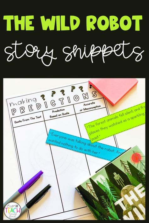 Are you looking for an engaging, pre-reading activity for The Wild Robot? By using story snippets, students will be interacting and discussing before even reading the book! This resource is printable and can be used in conjunction with a novel study. It will also push readers to use their critical thinking skills while integrating writing & speaking/listening standards. Perfect for upper elementary students. Open to learn more! #upperelementary #thewildrobot #prereadingactivities The Wild Robot Bulletin Board, The Wild Robot Art Project, Wild Robot Activities, The Wild Robot Coloring Page, The Wild Robot Novel Study, Robot Activity, The Wild Robot, Pre Reading Activities, Creative Lesson Plans