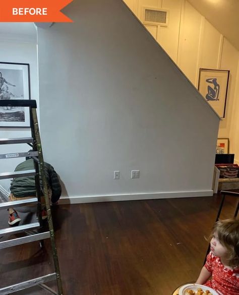 Before: white plain wall on side of stairs Under Staircase Wall Decor, Apartment Stairway Decorating, Wall Under Stairs Decor, Side Of Stairs Decor Ideas, Stairs With Walls On Both Sides, Wall Above Stairs Decor, Stairway Wall Ideas, Stair Wall Decorating Ideas, Above Stairs Decor