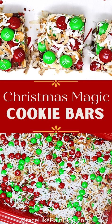 I found the Christmas Magic. These Christmas Magic Cookie Bars are a phenomenal treat to make for your Christmas Cookie Exchange this year. They're so rich and flavorful that you can cut them into small bars and have plenty to serve a crowd. I'm sharing tips on how to make these treats as beautiful as they are delicious. Bars For Christmas, Christmas Cookie Bars, Magic Cookie Bars, Xmas Treats, Easy Christmas Cookie Recipes, Christmas Baking Recipes, Small Bars, Christmas Candy Recipes, Christmas Cookies Easy