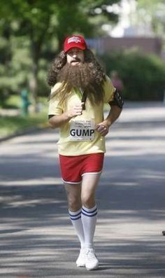 Halloween Costumes Running, Marathon Costume Ideas, Forest Gump Running Costume, Forest Gump Halloween Costumes, Halloween Costumes For 5k Run, Race Costumes Running, Mcdonald's Characters Costumes, Forest Gump Costumes, Outdoorsy Halloween Costumes