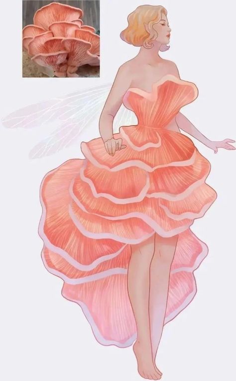 Pink Oyster Mushroom, Hannah Alexander Artwork, Hannah Alexander, Mushroom People, Mushroom Costume, Mushroom Drawing, Oyster Mushroom, Dress Illustration, Fairy Dresses