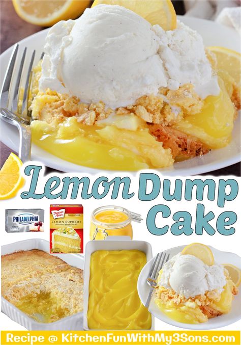 For a sweet and tart dessert in a snap, make this delicious Lemon Dump Cake. Add ice cream or fresh whipped cream for a perfect lemon treat! This easy lemon cake is heavenly and only 10-minutes or prep! Lemon Dump Cake, Lemon Dump Cake Recipe, Easy Dump Cake Recipe, Homemade Whipped Cream Recipe, Lemon Cake Easy, Lemon Treats, Lemon Pie Filling, Lemon Cake Mixes, Tart Dessert