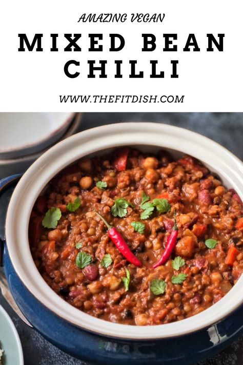 Mixed Bean Chilli, Bean Chilli Recipe, Chilli Recipe, Bean Chilli, Veggie Chili, Chilli Recipes, Bean Chili, Green Lentils, Spicy Chili