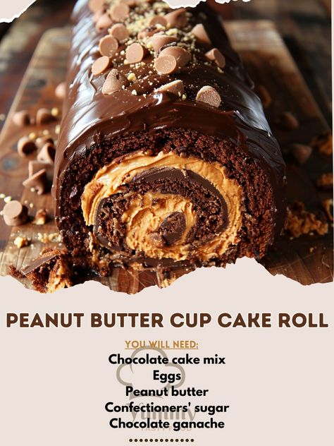 🎉 Dive into indulgence with this Peanut Butter Cup Cake Roll! 🎂🥜 #SweetTreat Peanut Butter Cup Cake Roll Ingredients: Chocolate cake mix Eggs, oil, water Peanut butter Confectioners' sugar Chocolate ganache Instructions: Prepare the cake as directed and roll up to cool. Mix peanut butter with confectioners' sugar. Unroll cake, spread filling, and reroll. Cover with ganache. 🍰✨ Ready to wow at any gathering, this Peanut Butter Cup Cake Roll is a must-try dessert that's as fun to make as it i... Reese Peanut Butter Cup Roll Cake, Peanut Butter Cup Roll Cake, Peanut Butter Cupcake Roll, Reeses Peanut Butter Cup Roll Cake, Chocolate Peanut Butter Roll, Reese’s Peanut Butter Cup Roll Cake, Chocolate Peanut Butter Roll Cake, Peanut Butter Cake Roll Recipe, Peanut Butter Cake Roll