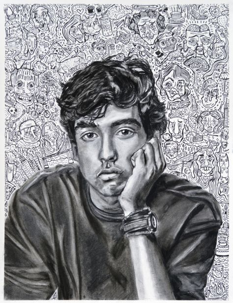 "Daydreamer" by Charles Hyman | 9-12th grade | Simpsonville, SC | ArtFields Art Competition This self-portrait is a strong piece juxtaposing the look of boredom with a contrasting background of whimsical doodles. Hyman was attempting to illustrate how outer appearances are not always telling the whole story. Charcoal and ink were used to create even more contrast between the two ideas happening in the work. Bored Expression, Charcoal And Ink, Whimsical Doodles, Simple Thoughts, Art Competition Ideas, Portraiture Artist, Self Portrait Drawing, Creative Self Portraits, Self Portrait Art