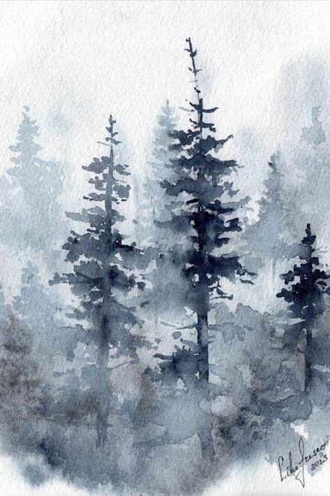 Nature Scenery Painting, Misty Forest Watercolor, Watercolor Snowy Trees, Snowy Pine Trees Painting, Snow Forest Painting, Mantle Art, Snowy Forest Watercolor, Watercolor Holiday Cards, Mother Earth Art