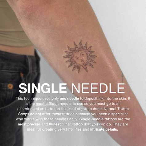 Wondering the difference between Fineline Tattoos and Single Needle Tattoos? It’s all about the needle! ✨SINGLE NEEDLES This technique uses only one needle to deposit ink into the skin, making it the most precise and thinnest “line” tattoo possible. Ideal for creating very fine lines and intricate details, it requires a specialist due to the high level of skill needed. Not all tattoo shops offer single-needle tattoos! Great for: script tattoos, tiny tattoos, realistic tattoos with delicate... Fine Needle Tattoo, Script Tattoos, Tattoos Tiny, Fineline Tattoos, Single Needle Tattoo, Tattoo Script, White Tattoo, Black Ink Tattoos, Fine Line Tattoos