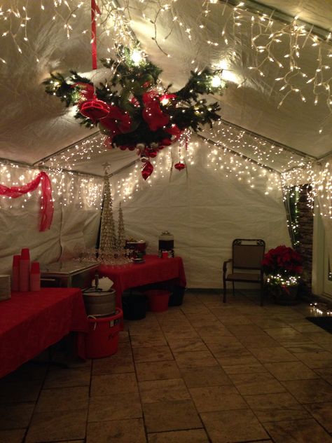 Christmas tent Christmas Party Decor Outdoor, Christmas Canopy Decor, Decorating Inside Garage For Christmas Party, Christmas Party Backyard, Holiday Tent Decor, Christmas Party Garage, Tent Christmas Decorations, Decorating Tents For Parties, Christmas Garage Party