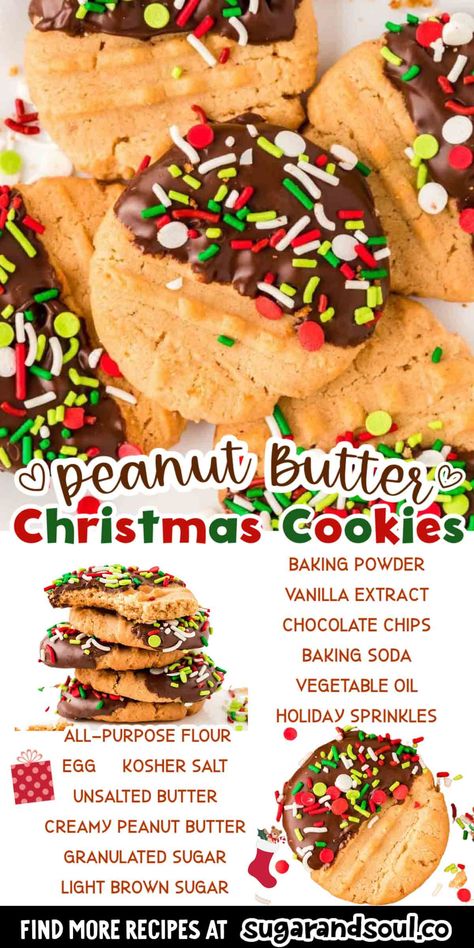 Peanut Butter Christmas Cookies are an easy-to-make holiday treat that creates a sweet, peanut-buttery cookie with a chocolate dip and sprinkles! Each batch takes just 12 minutes to bake! Peanut Butter Chocolate Dipped Cookies, Peanut Butter Dipped Cookies, Peanut Butter Cookies Dipped In Choc, Holiday Peanut Butter Cookies, Peanut Butter Holiday Cookies, Peanut Butter Cookies Dipped In Chocolate, Peanut Butter Christmas Cookies, Butter Christmas Cookies, Christmas Peanut Butter Cookies