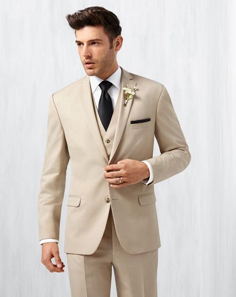 Men's Wearhouse Notch Lapel Tan Suit Wedding Tuxedos + Suit photo Tan Tux, Tan Suit Wedding, Beach Wedding Men, Groomsmen Outfit, Best Wedding Suits, Wedding Tux, Prom Tuxedo, Groomsmen Outfits, Tan Suit