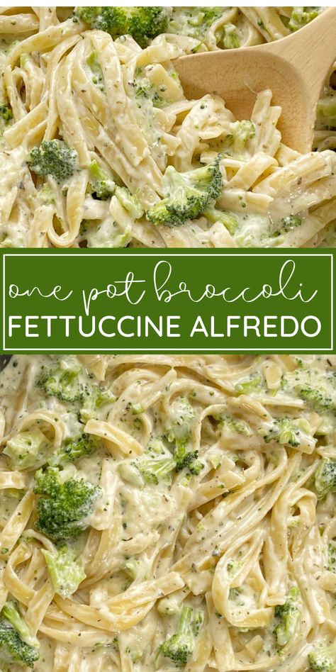 Broccoli fettuccine Alfredo made in just one pot for an easy dinner recipe. Egg Fettuccine Pasta Recipes, Broccoli Noodles Recipes, One Pot Noodles, Pasta With Broccoli Recipes, Meatless Pasta Dishes, Broccoli Alfredo Sauce, Broccoli Fettuccine Alfredo, Broccoli Alfredo Pasta, Casserole Broccoli