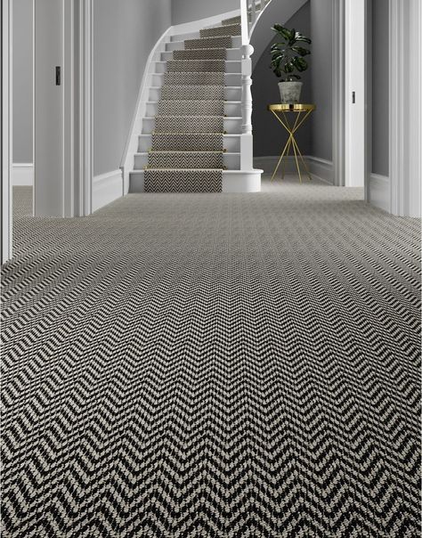 Bold Carpet On Stairs, Herringbone Carpet Stairs And Landing, Stair Carpets Ideas, Herringbone Stair Carpet, Hall Carpet Ideas, Black And Beige Hallway, Carpets For Stairs And Landing, Stairs And Landing Carpet, Modern Carpet Stairs