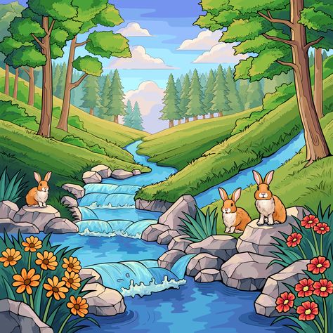 Forest Drawing With Animals, Creative Desktop Wallpaper, Creek Forest, Forest Animals Illustration, Forest Drawing, Color Pencil Sketch, Waterfall Paintings, Animals Illustration, Cartoon Style Drawing