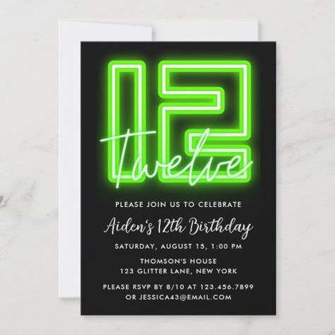 $2.93 | Neon Green 12th Birthday Invitation - modern, neon, birthday party invitation, glowing neon, birthday invitation, boy birthday invitation, neon glow in the dark, 12th birthday, twelve, neon green Neon Party Invitations Zazzle, Neon Party Invitations Template, Neon Party Invitations, Neon Birthday Party, Neon Birthday, Boy Birthday Invitations, Neon Party, Birthday Supplies, 12th Birthday