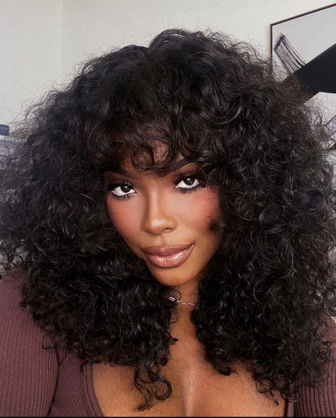 Curly Black Wig With Bangs, Long Curly Wig With Bangs, Curls With Bangs Black Women, Curly Bangs Wig, Long Curly Hair With Bangs Black Women, Curly Sew In With Bangs, Big Curly Hair With Bangs, Crochet Hairstyles With Bangs, Sew In With Bangs