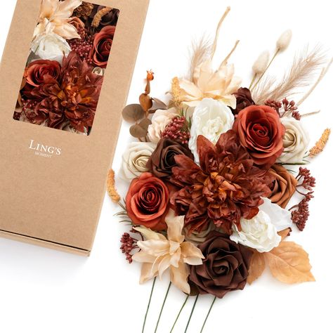 PRICES MAY VARY. 【Rust & Sepia】Create a warm and rustic romance with Ling’s rust & sepia wedding color collection. 【Material & Package】Including 28 pcs artificial flowers+ 8 pcs greenery. Silk Flowers: White Peony x2, Coffee Lily x2, Champagne Rose x1, Orange Rose x2, Red Dahlia x1 Foam Flowers: Walnut Brown Rose x1, 3" Burnt Orange Rose x4, 3" Tawny Beige Rose x5, Walnut Brown Avalanche Rose x3, Golden Glove Dahlia x3, Hazelnut Gardenia x1 Greenery & Accessories: Berry x1, Coffee Woad Leaf x1, Sepia Wedding, Avalanche Rose, Marsala Flowers, Diy Wedding Bouquets, Red Dahlia, Pop Champagne, Event Centerpiece, Champagne Rose, Rustic Romance