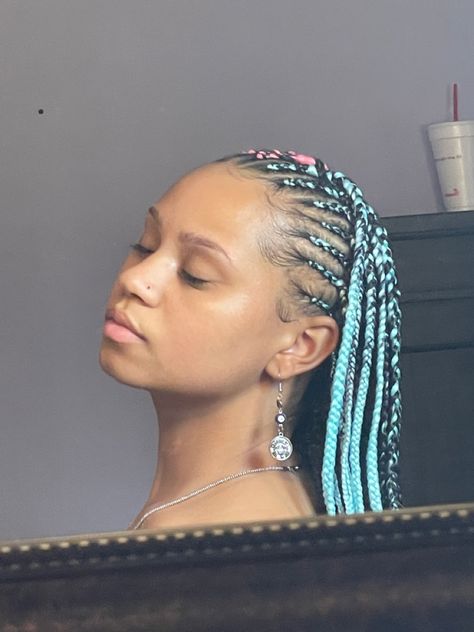 Coloured Cornrows Braids, Blue Cornrows, Light Blue Braids, Blue Black Braids, Blue And Black Braids, Blue Box Braids, Blue Braids, Slay Hairstyles, Half Cornrows