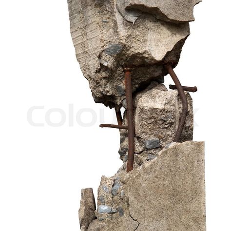 I love these broken concrete columns.  You can see the inside of the concrete and the wire structures also. Architecture Photography Buildings, Broken Concrete, Break Wall, Concrete Column, Props Art, Architecture Concept Drawings, Background Drawing, Concrete Art, Scenic Design