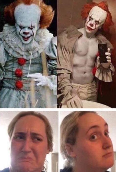 It Clown, Cosplay Tumblr, Horror Movies Funny, Pennywise The Clown, Pennywise The Dancing Clown, Scary Movie Characters, Halloween Memes, I'm A Loser, Horror Movie Icons