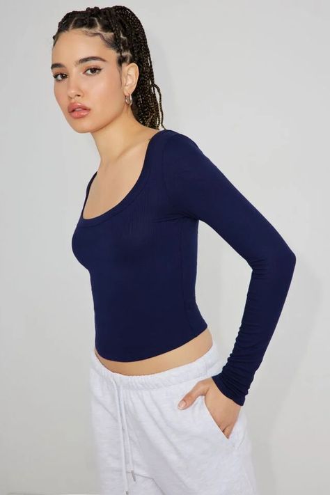 Pamela Long Sleeve Scoop Neck Top, Maritime Blue Cozy Fall Outfits, Fits Clothes, Cute Outfits For School, Cute Winter Outfits, Cute Crop Tops, Scoop Neck Top, Basic Long Sleeve, Long Crop Top, Long Sleeve Crop Top