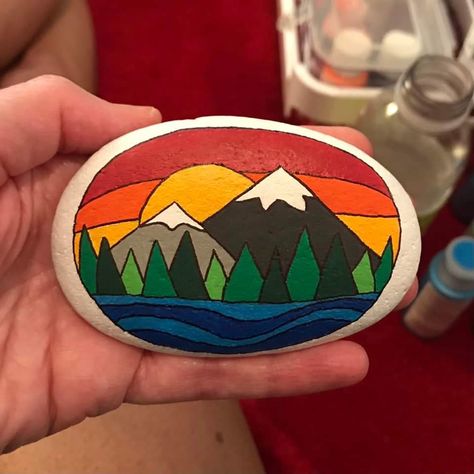 Rock Ideas For Yard, Painted Rocks Landscape, Blue Rock Painting Ideas, Rock Painting Camping Ideas, Painted Rocks With Mountains, Moon Painted Rocks, Mountain Rock Painting Ideas, Healing Painting Ideas, Rock Painting Mountains